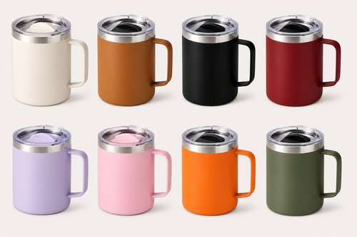 insulated travel mugs with handles and stainless steel lids, shown in assorted colors on a light neutral background. The mugs include cream, tan, black, red, lavender, pink, orange, and olive green.